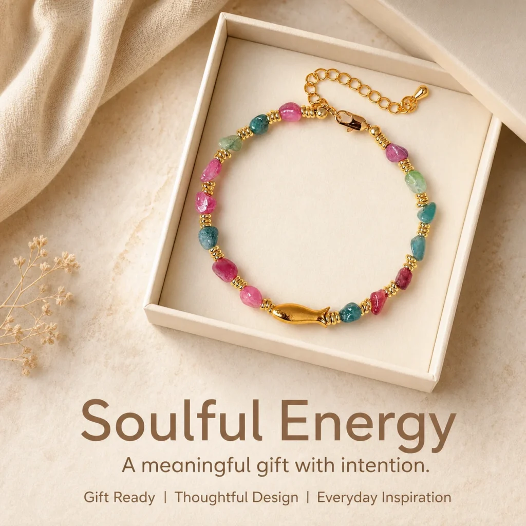 rainbow tourmaline fish charm bracelet gift ready image