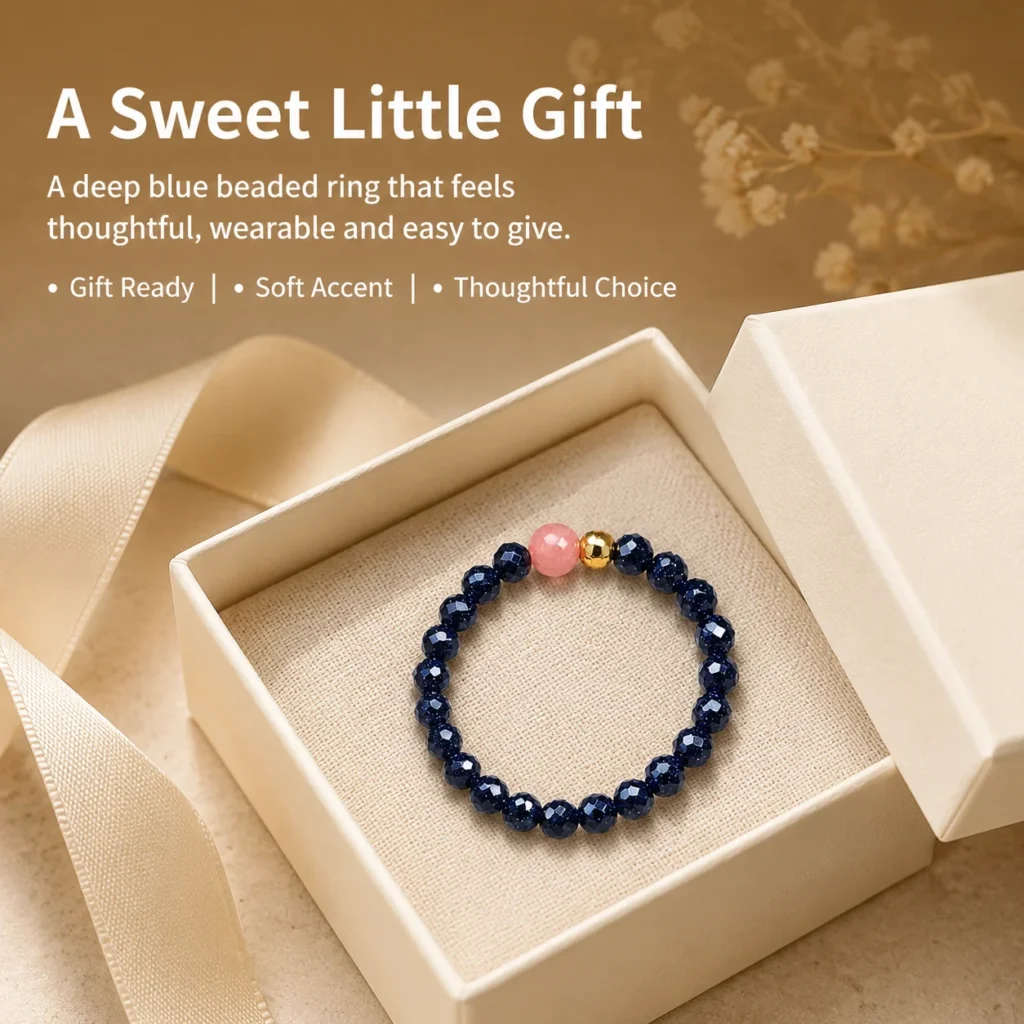 Blue Sandstone Sunstone Beaded Ring 6 blue sandstone sunstone beaded ring gift ready image