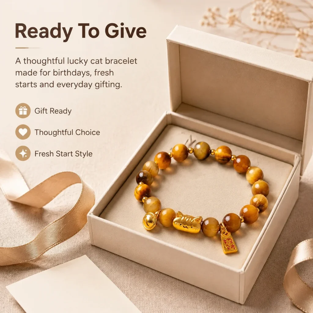 golden tiger eye lucky cat bracelet gift ready image