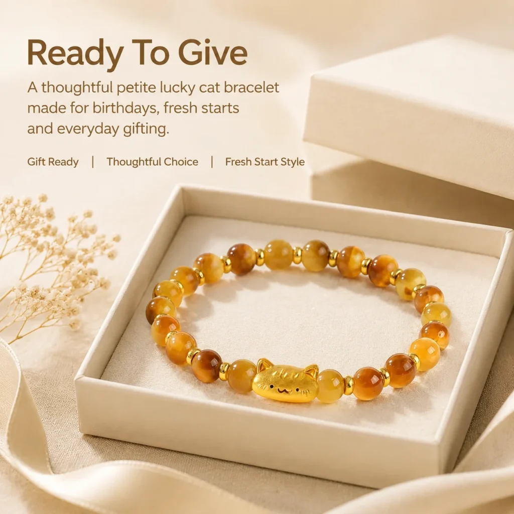 Petite Golden Tiger Eye Lucky Cat Bracelet 6 petite golden tiger eye lucky cat bracelet gift ready image