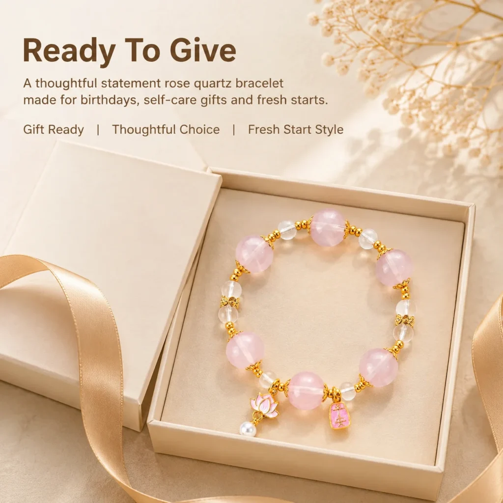 Statement Madagascar Rose Quartz Beaded Bracelet 6 statement madagascar rose quartz beaded bracelet gift ready image