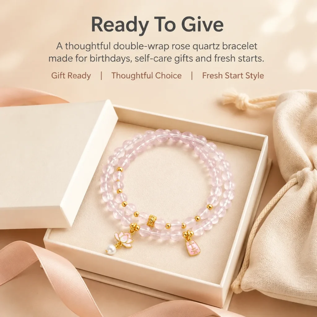 madagascar rose quartz double-wrap bracelet gift ready image