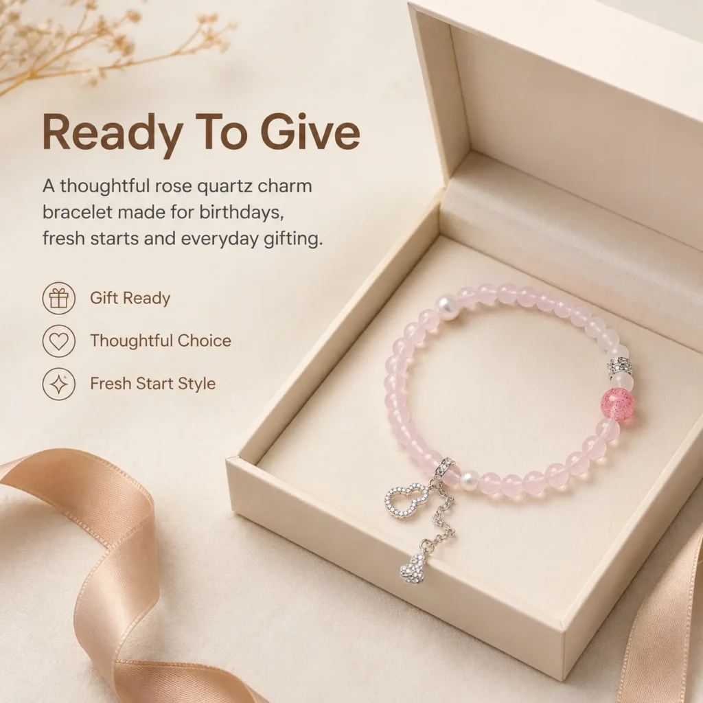 Rose Quartz Gourd Charm Beaded Bracelet 6 rose quartz gourd charm beaded bracelet gift ready image