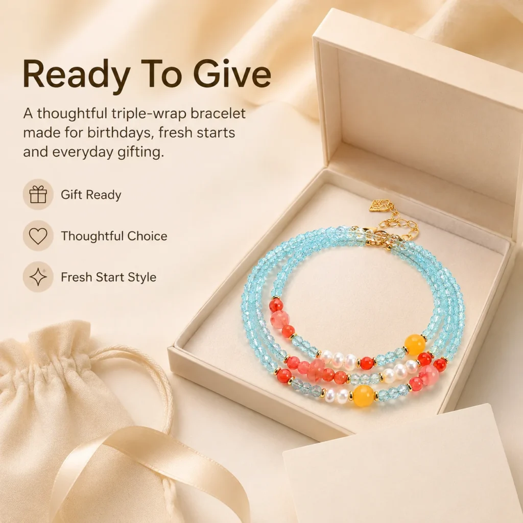 blue zircon pearl triple-wrap bracelet gift ready image