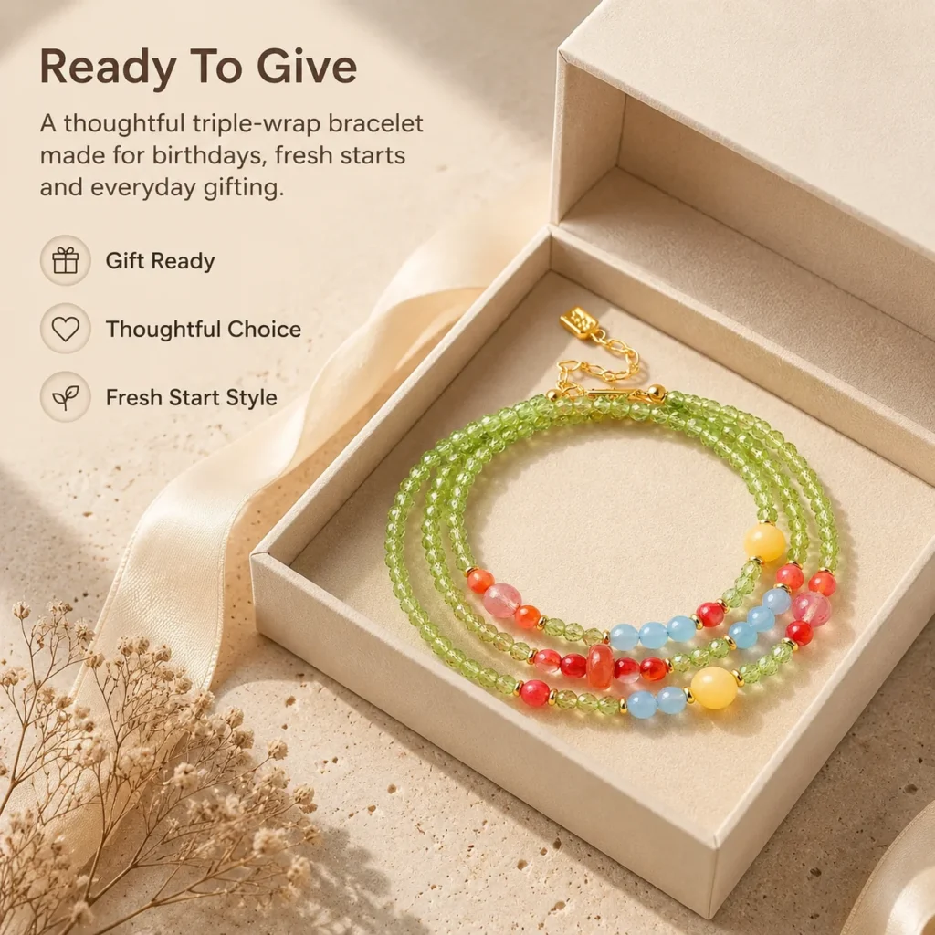 Green Zircon South Red Agate Triple-Wrap Bracelet 6 green zircon south red agate triple-wrap bracelet gift ready image