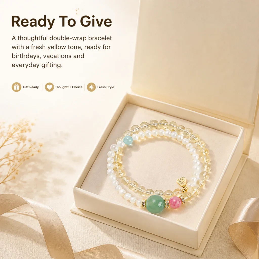 Lemon Quartz Cowrie Double-Wrap Bracelet 6 lemon quartz cowrie double-wrap bracelet gift ready image