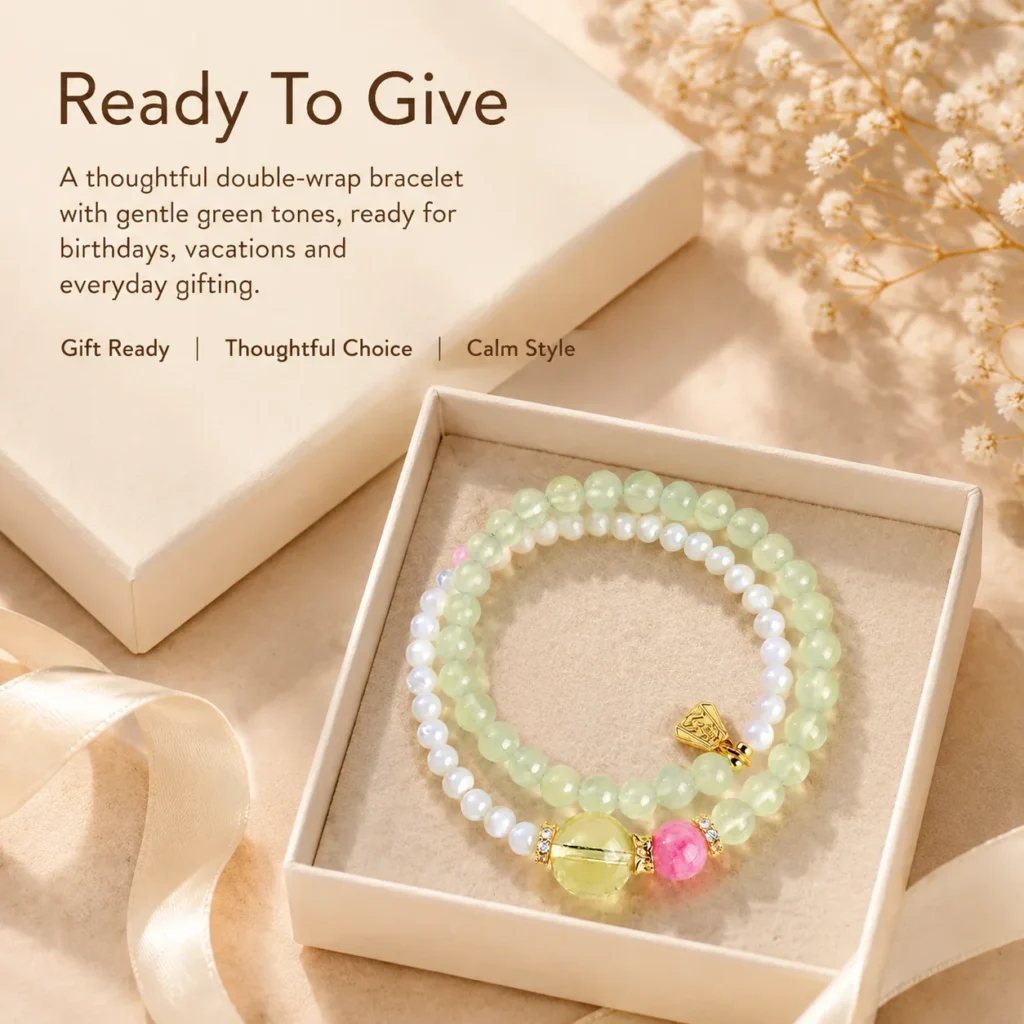 Prehnite Cowrie Double-Wrap Bracelet 6 prehnite cowrie double-wrap bracelet gift ready image