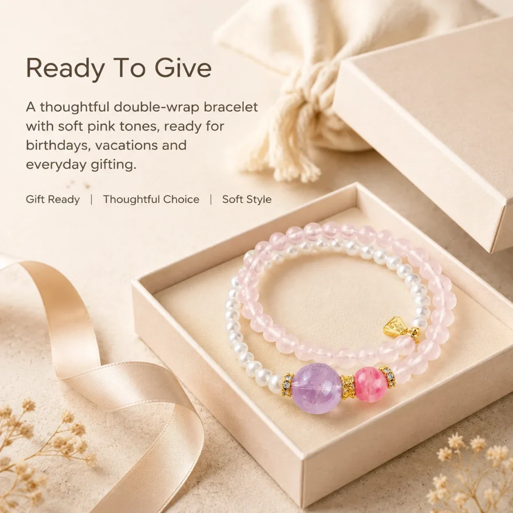 Rose Quartz Cowrie Double-Wrap Bracelet 6 rose quartz cowrie double-wrap bracelet gift ready image