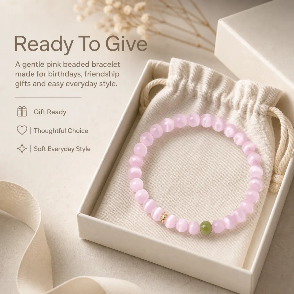 pink cat eye beaded bracelet gift ready image