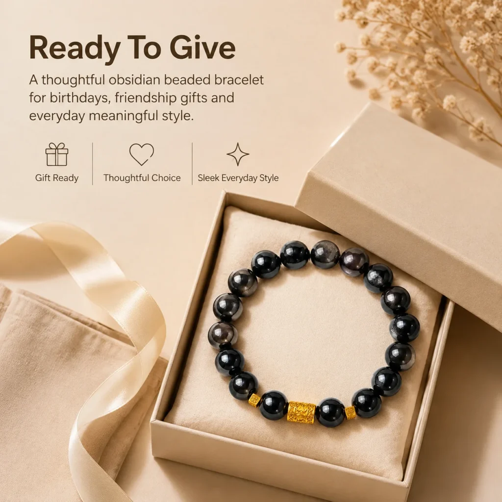 Silver Obsidian Beaded Bracelet 6 silver obsidian beaded bracelet gift ready image