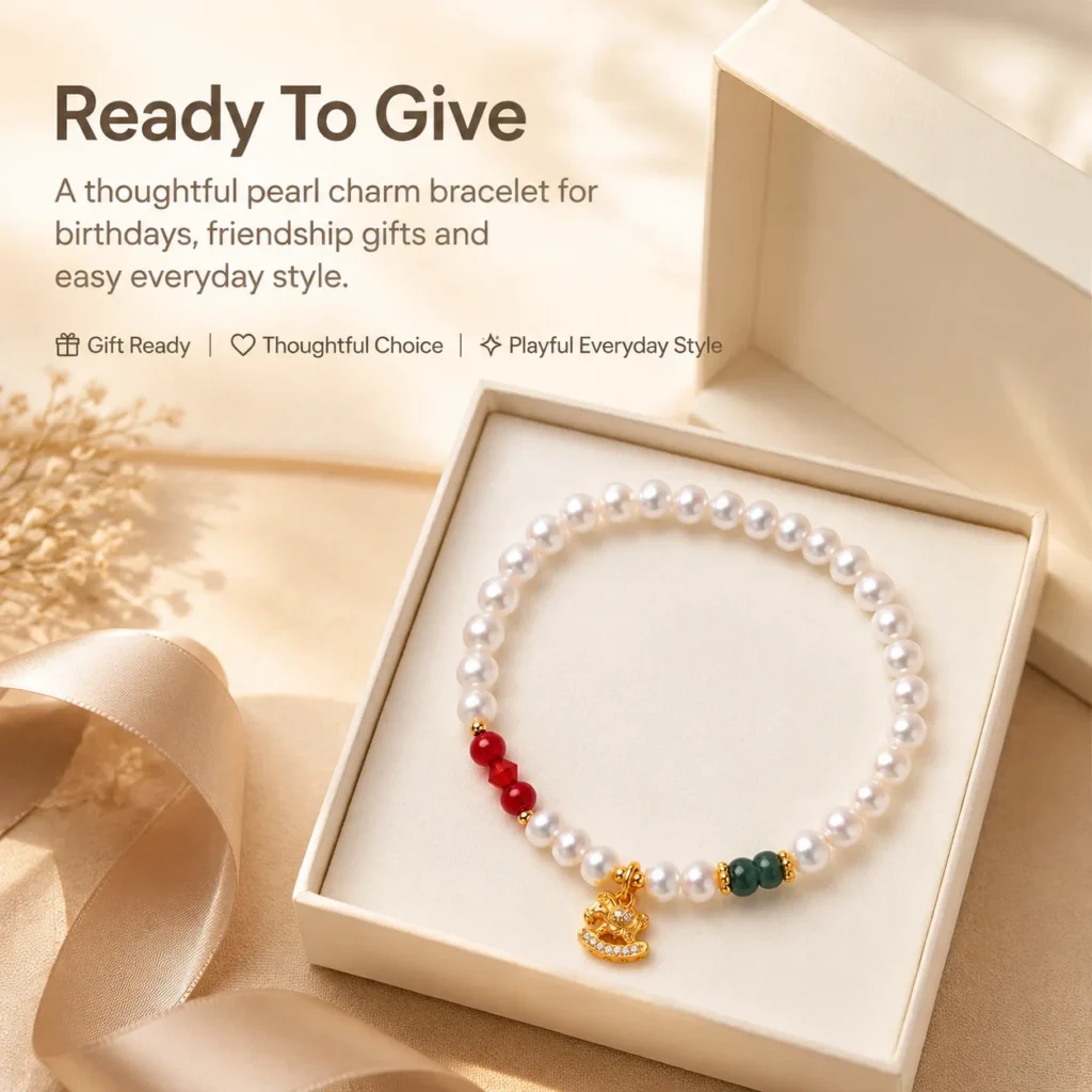 pearl horse charm beaded bracelet gift ready image