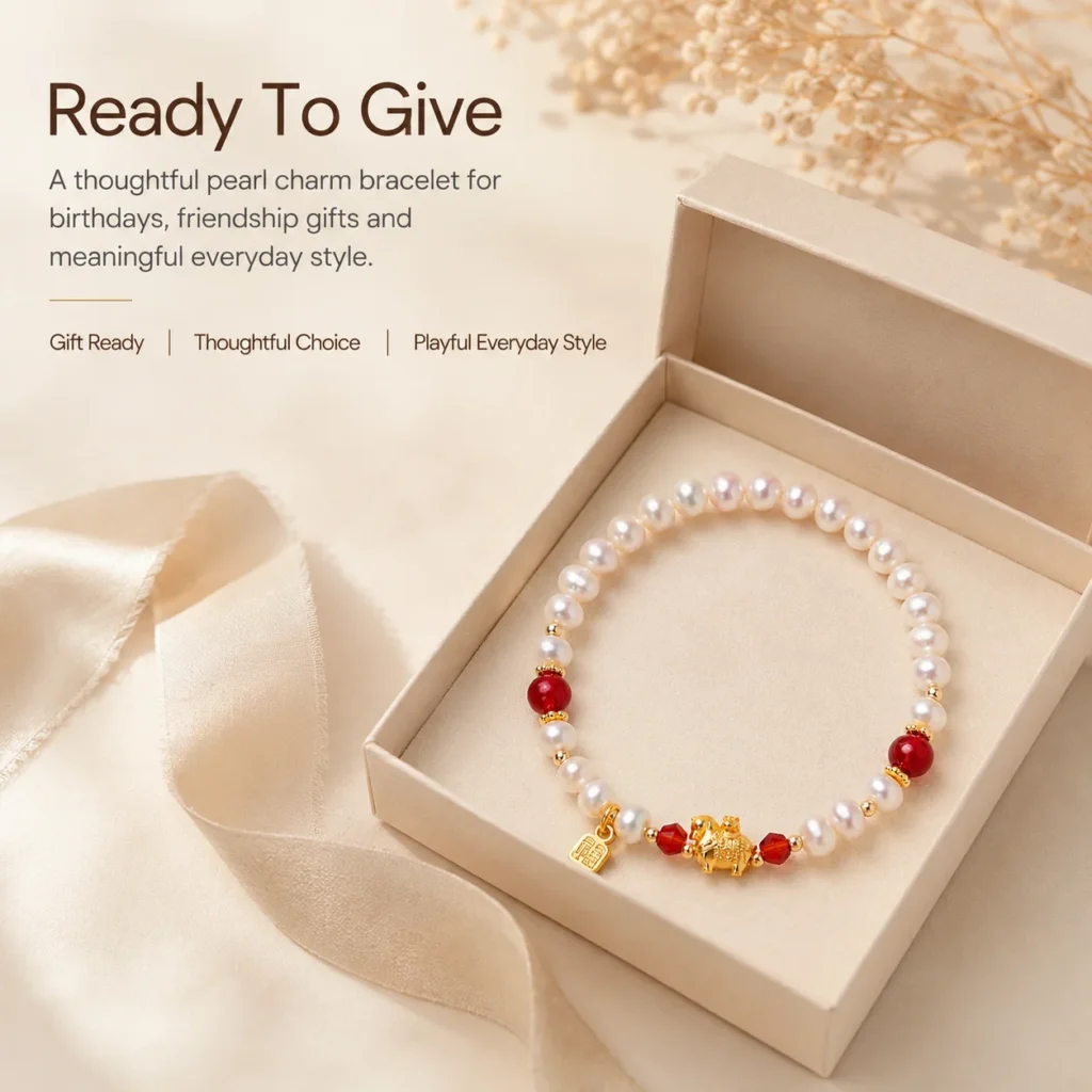 pearl horse fu charm beaded bracelet gift ready image
