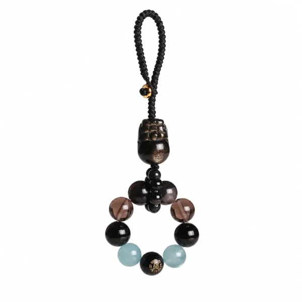 black obsidian pixiu agate keychain charm on white background