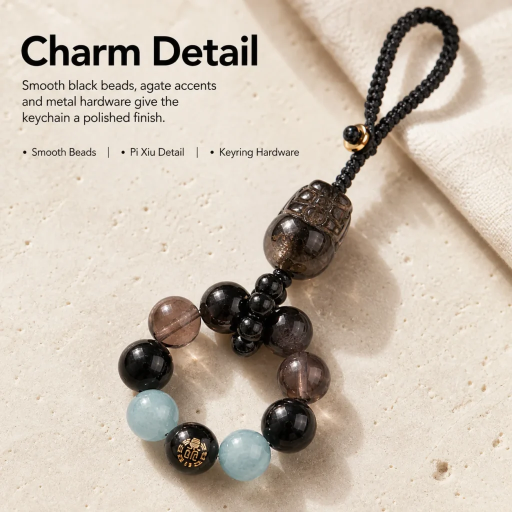 Black Obsidian Pi Xiu Agate Keychain Charm 4 black obsidian pixiu agate keychain charm material detail image