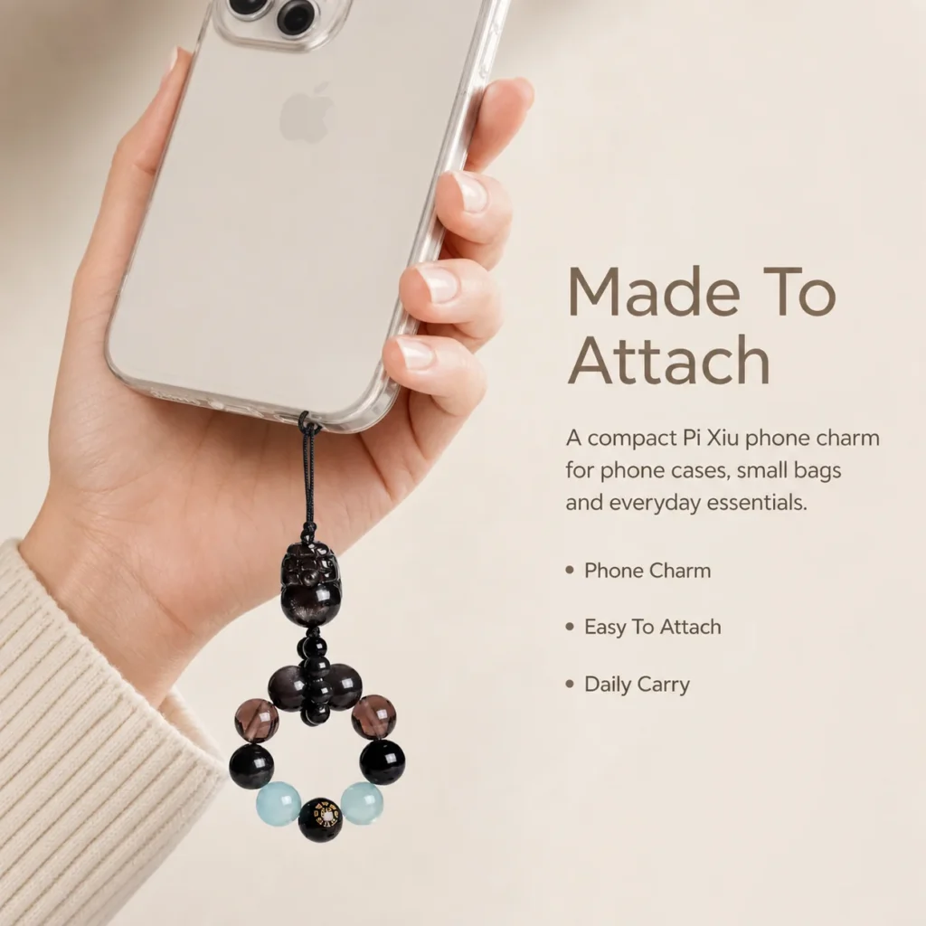 black obsidian pixiu agate phone charm wearing view