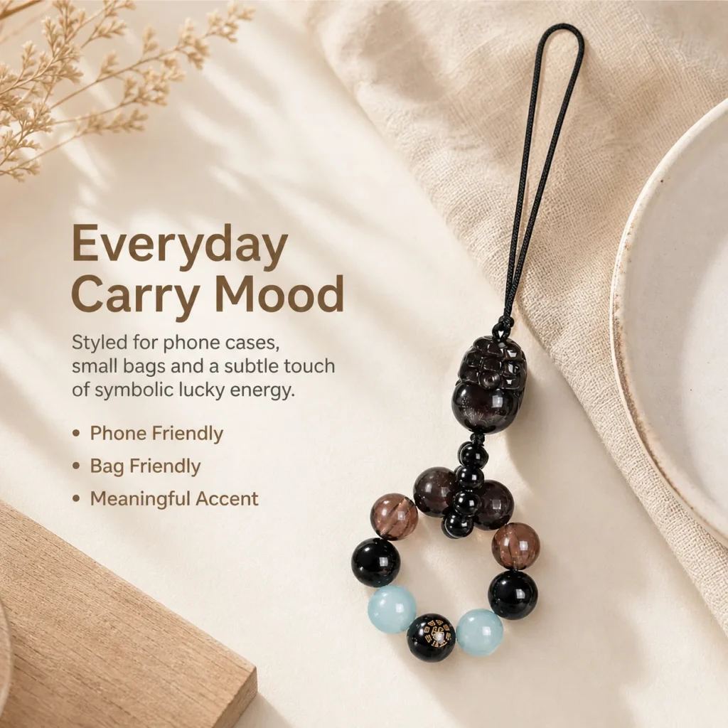 black obsidian pixiu agate phone charm lifestyle still life image