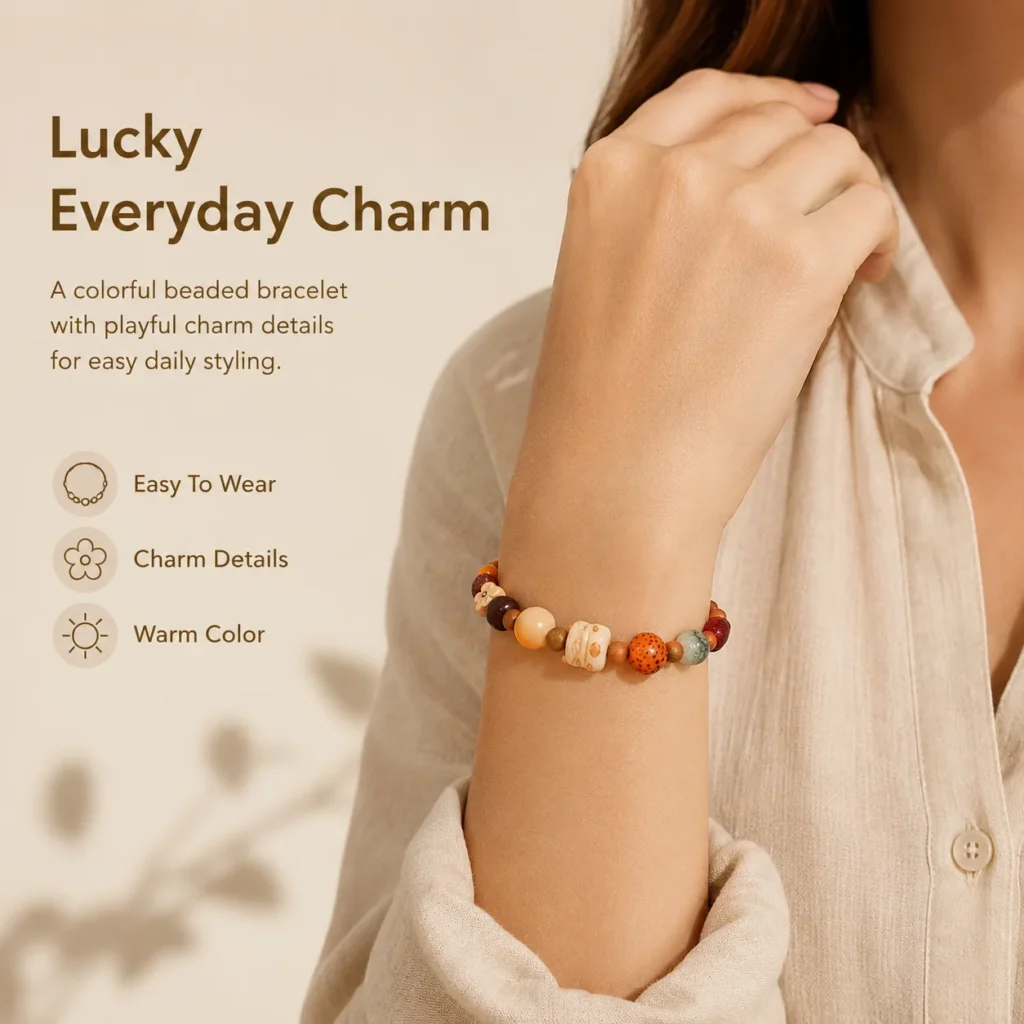 Fortune Cat Bodhi Beaded Bracelet 2 fortune cat bodhi beaded bracelet wearing view