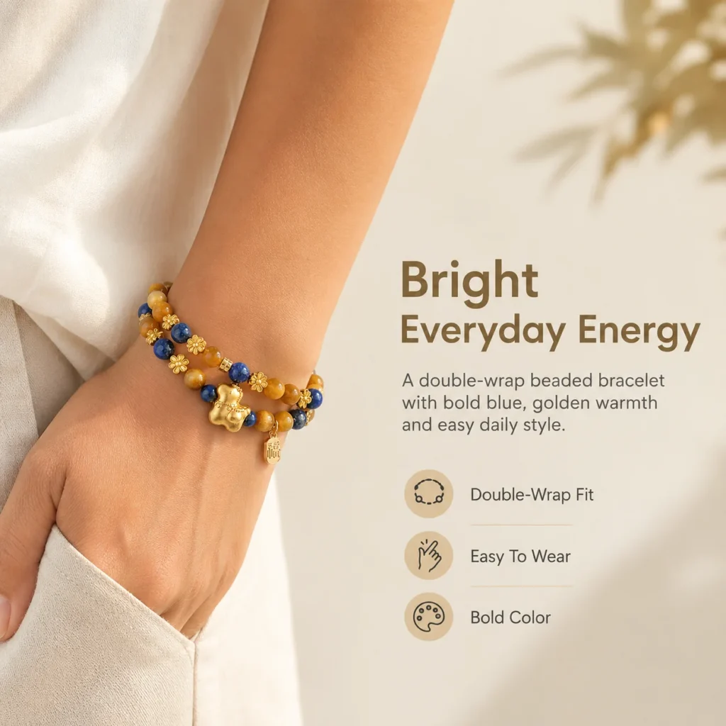 Lapis Tiger Eye Double-Wrap Bracelet 2 lapis tiger eye double wrap bracelet wearing view