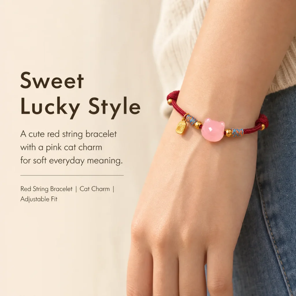 pink quartz cat lucky red string bracelet wearing view