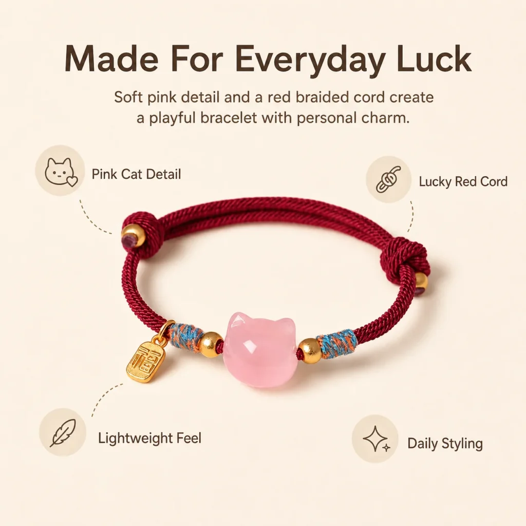 pink quartz cat lucky red string bracelet feature image