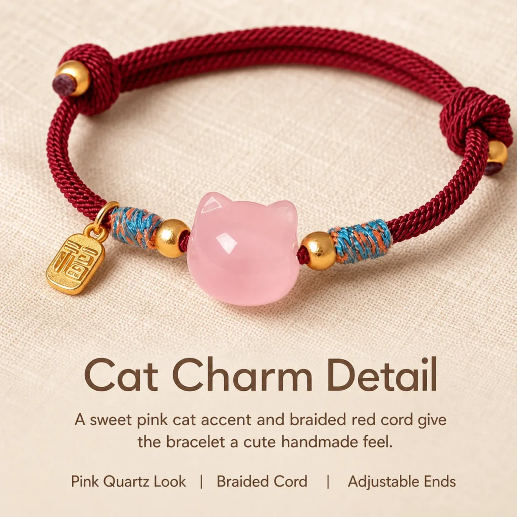 pink quartz cat lucky red string bracelet material detail image