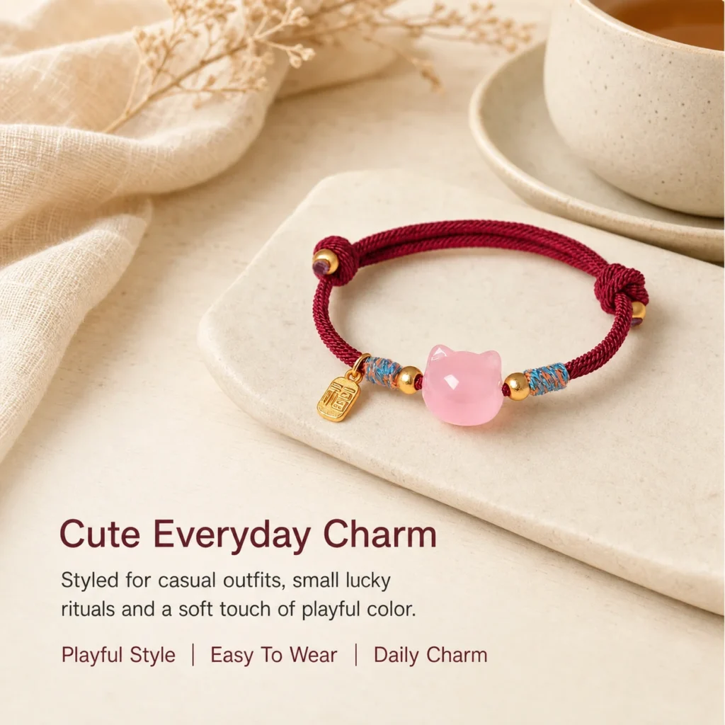 pink quartz cat lucky red string bracelet lifestyle still life image