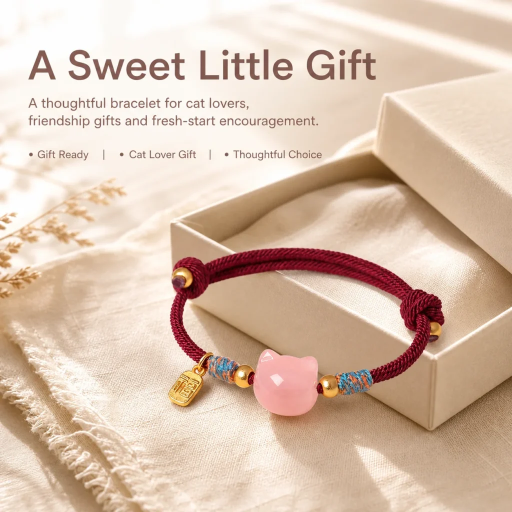 pink quartz cat lucky red string bracelet gift ready image