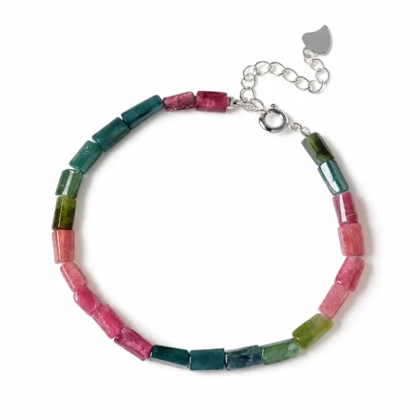 rainbow tourmaline column bead bracelet on white background