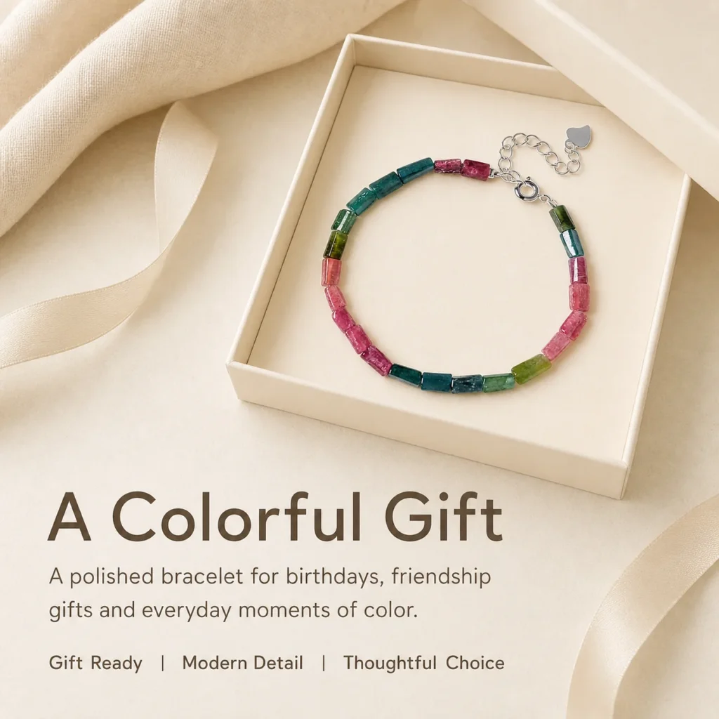 Rainbow Tourmaline Column Bead Bracelet 6 rainbow tourmaline column bead bracelet gift ready image