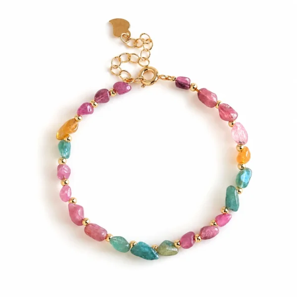 rainbow tourmaline irregular bead bracelet on white background