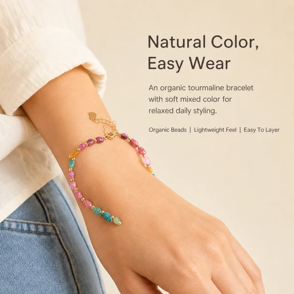 Rainbow Tourmaline Irregular Bead Bracelet 2 rainbow tourmaline irregular bead bracelet wearing view