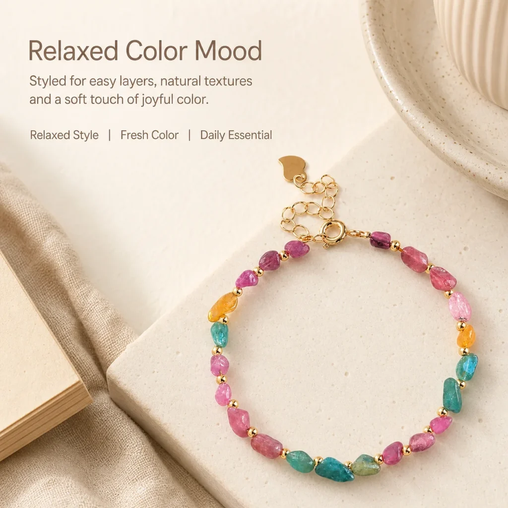 Rainbow Tourmaline Irregular Bead Bracelet 5 rainbow tourmaline irregular bead bracelet lifestyle still life image