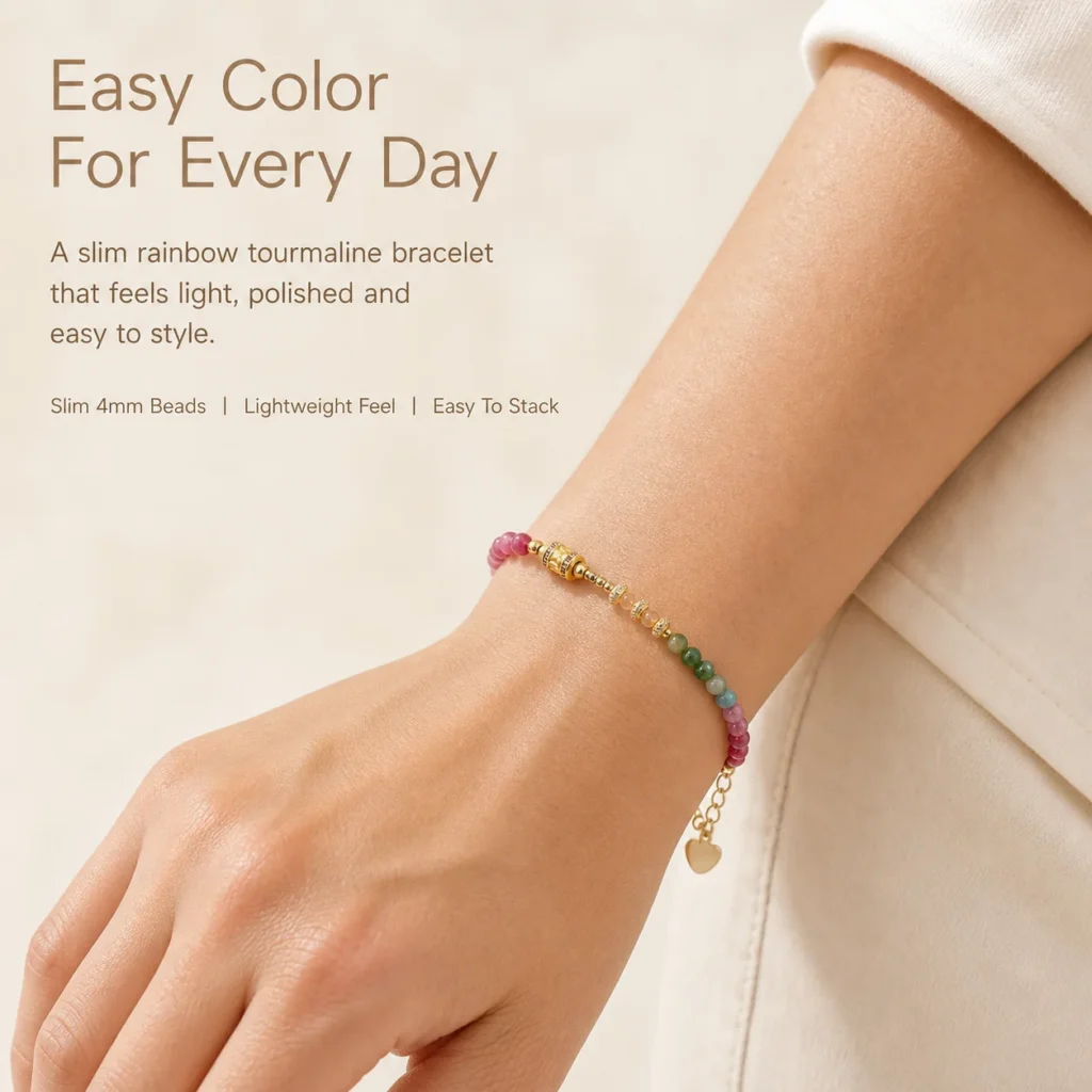 rainbow tourmaline luxe bracelet 4mm wearing view