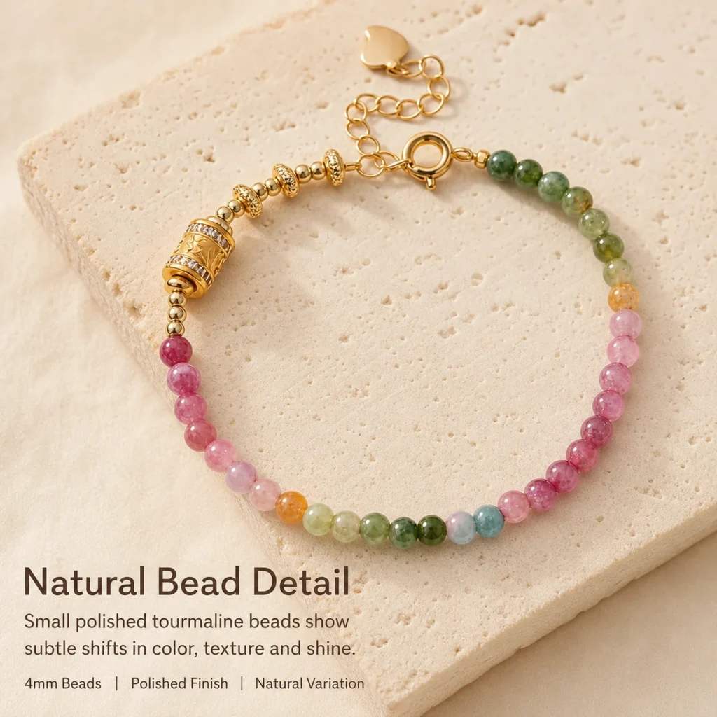 rainbow tourmaline luxe bracelet 4mm material detail image