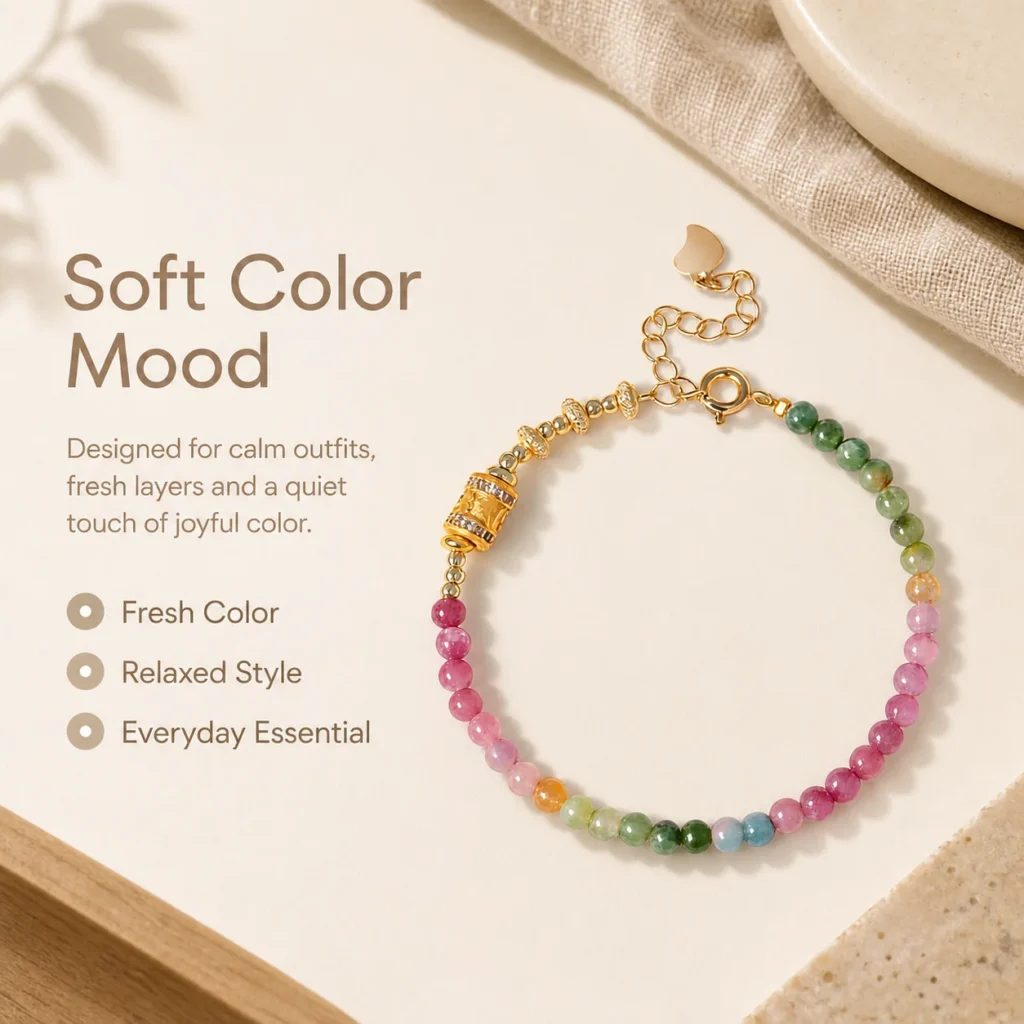 rainbow tourmaline luxe bracelet 4mm lifestyle still life image