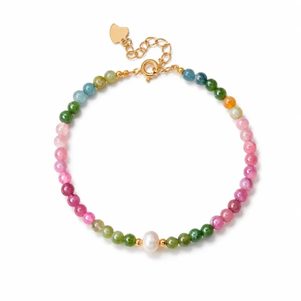 rainbow tourmaline pearl bracelet 4mm on white background