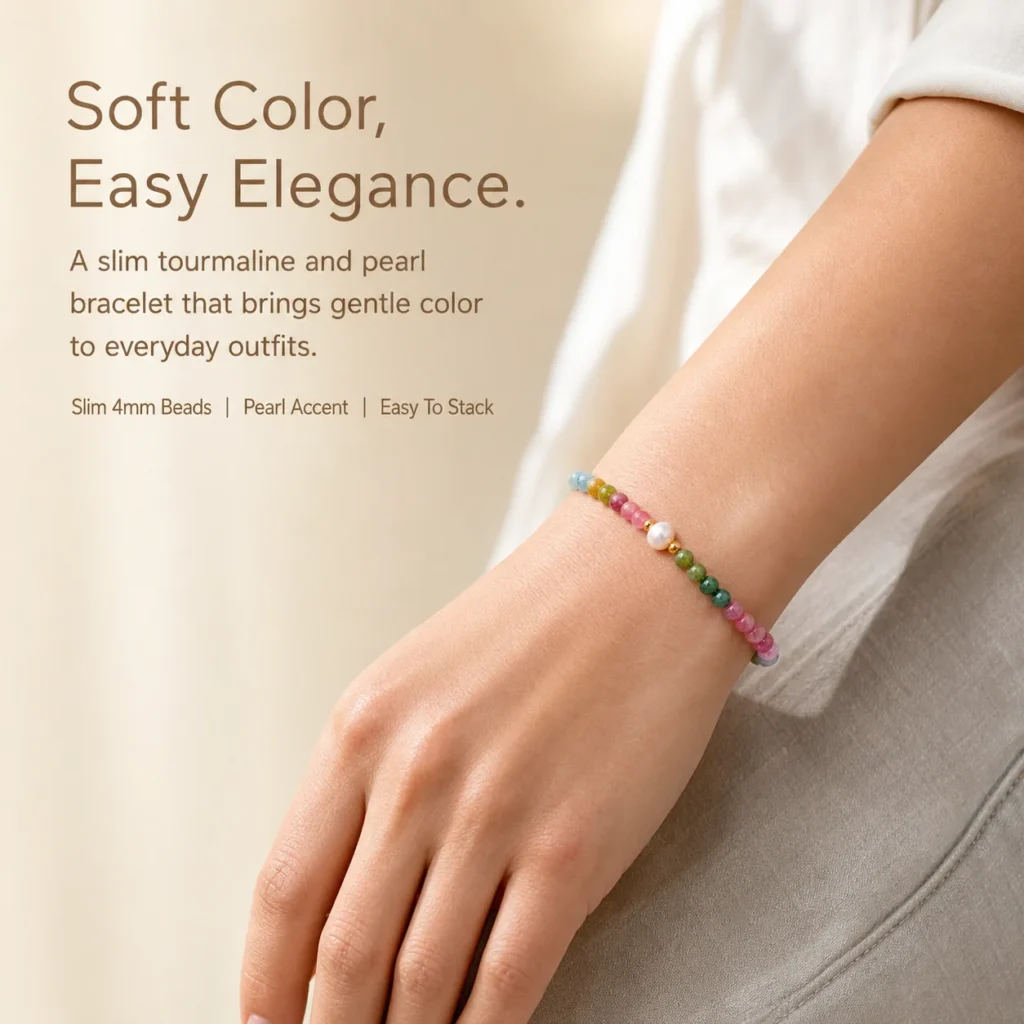 Rainbow Tourmaline & Pearl Bracelet - 4mm Beads 2 rainbow tourmaline pearl bracelet 4mm wearing view