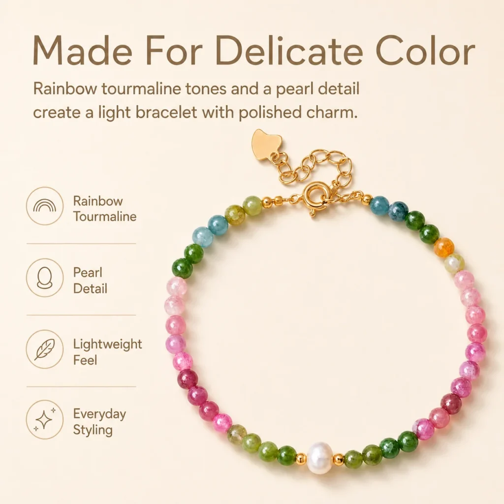 Rainbow Tourmaline & Pearl Bracelet - 4mm Beads 3 rainbow tourmaline pearl bracelet 4mm feature image