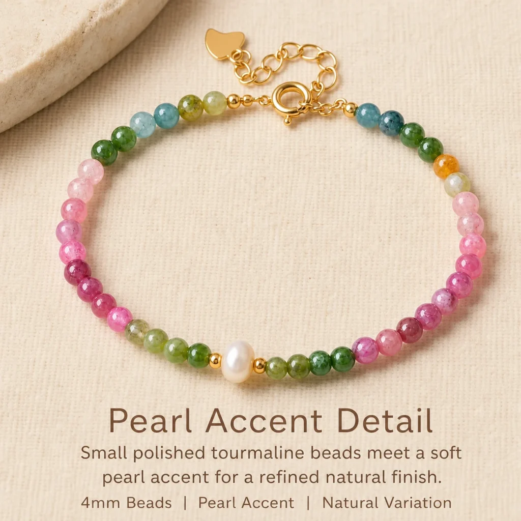 Rainbow Tourmaline & Pearl Bracelet - 4mm Beads 4 rainbow tourmaline pearl bracelet 4mm material detail image