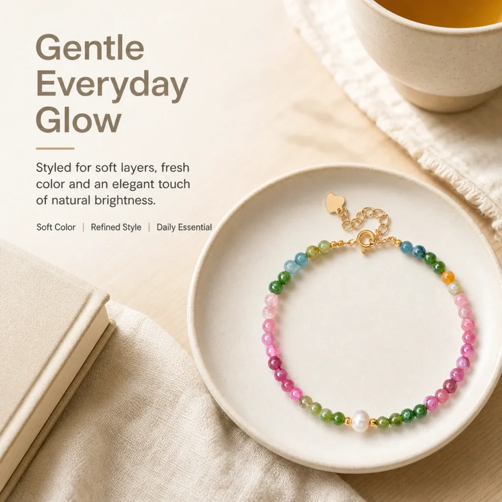 Rainbow Tourmaline & Pearl Bracelet - 4mm Beads 5 rainbow tourmaline pearl bracelet 4mm lifestyle still life image