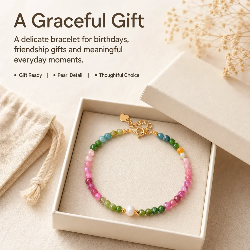 Rainbow Tourmaline & Pearl Bracelet - 4mm Beads 6 rainbow tourmaline pearl bracelet 4mm gift ready image
