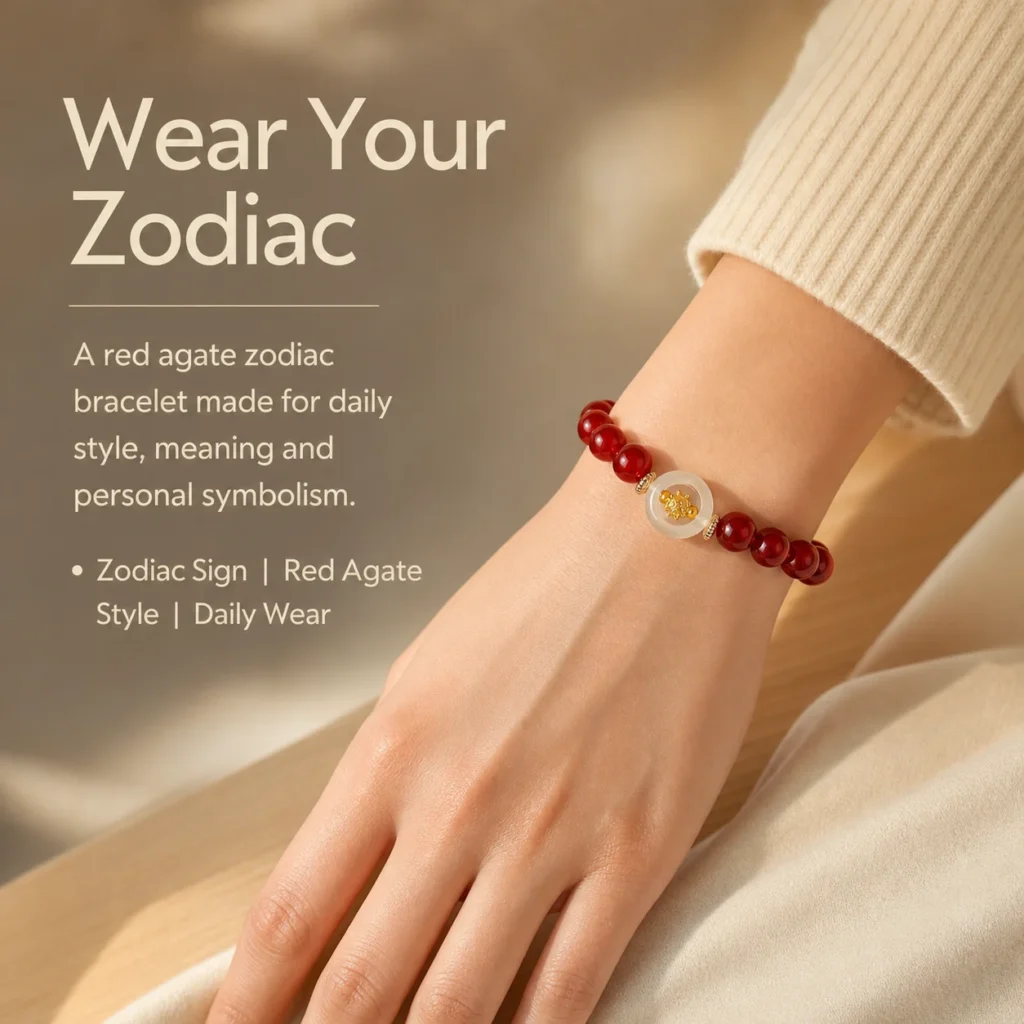 red agate chinese zodiac bracelet wearing view