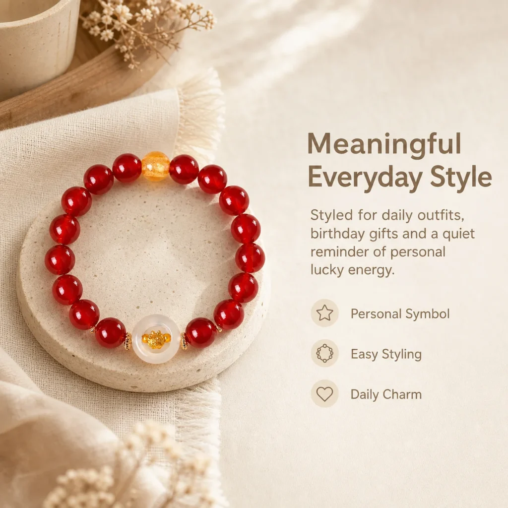 red agate chinese zodiac bracelet lifestyle still life image