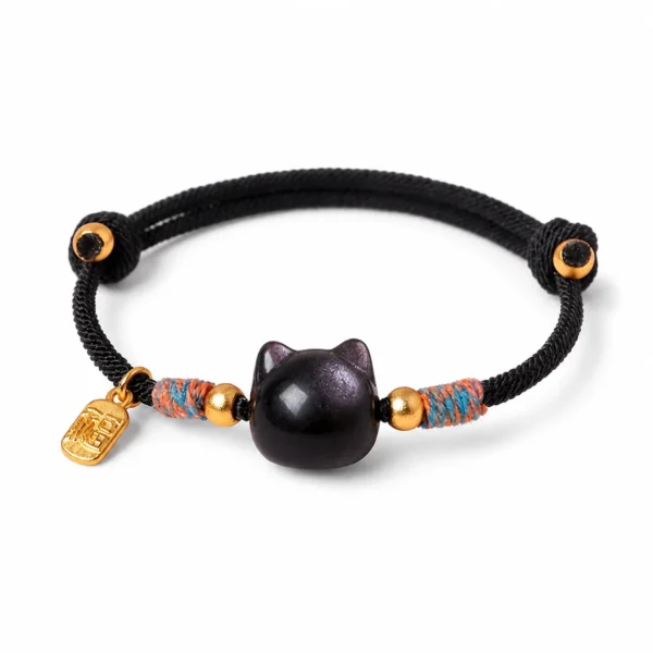 silver sheen obsidian lucky black string bracelet on white background
