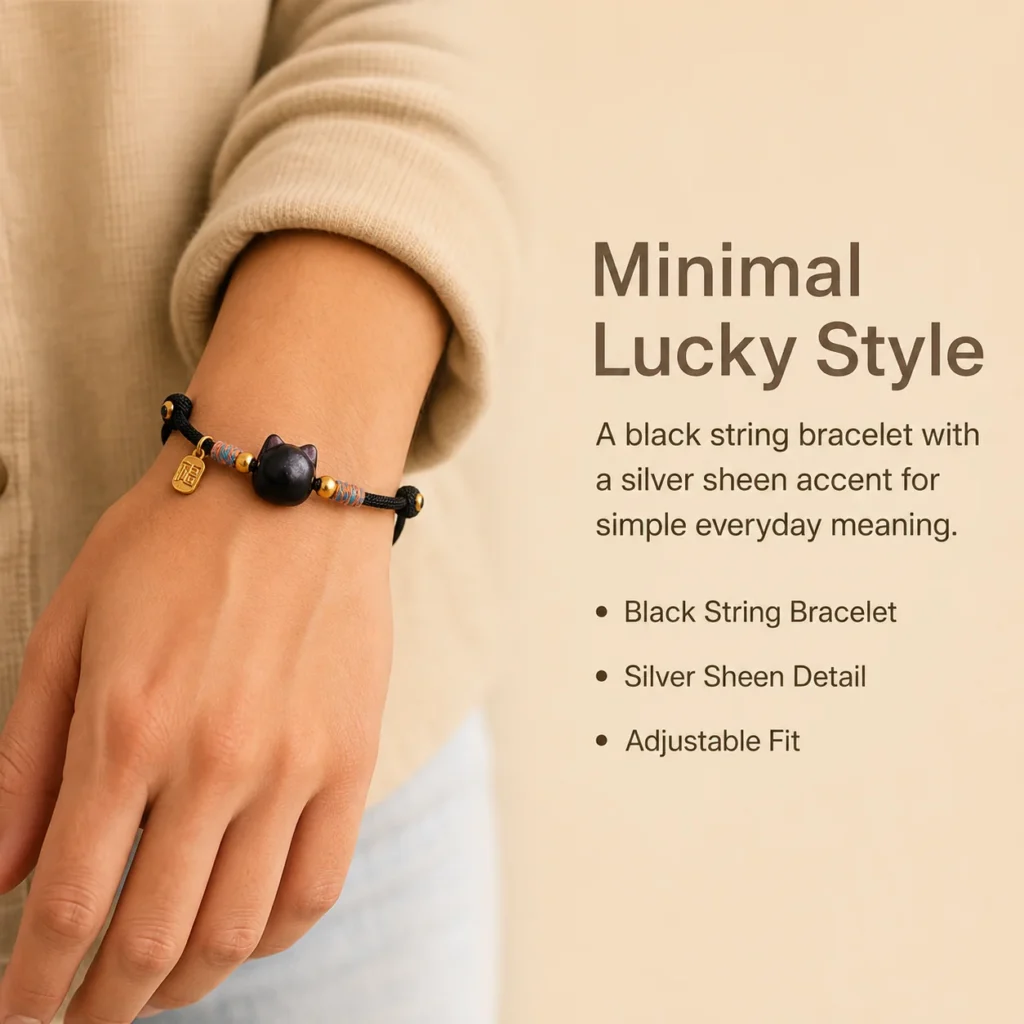 Silver Sheen Obsidian Lucky Black String Bracelet 2 silver sheen obsidian lucky black string bracelet wearing view