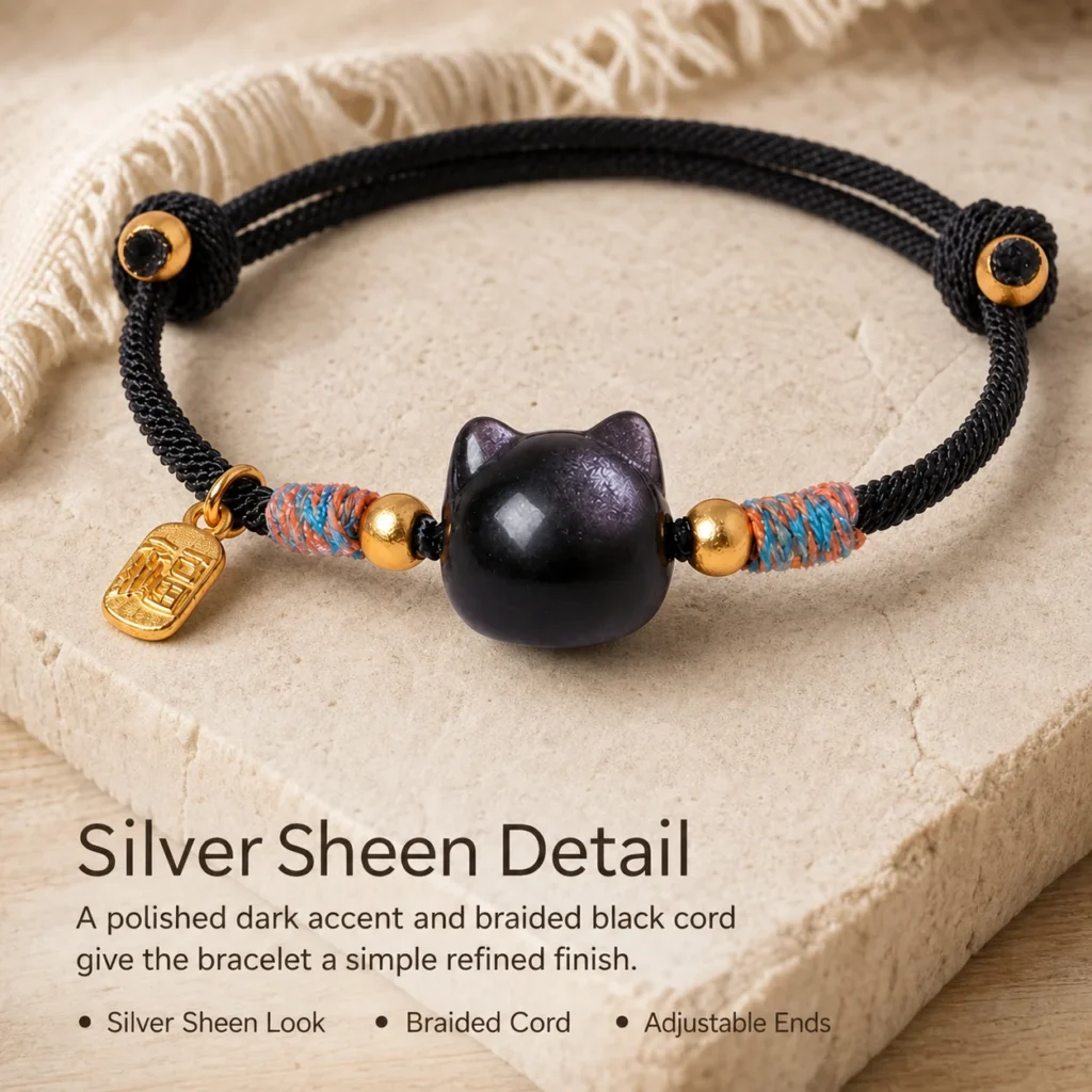 Silver Sheen Obsidian Lucky Black String Bracelet 4 silver sheen obsidian lucky black string bracelet material detail image