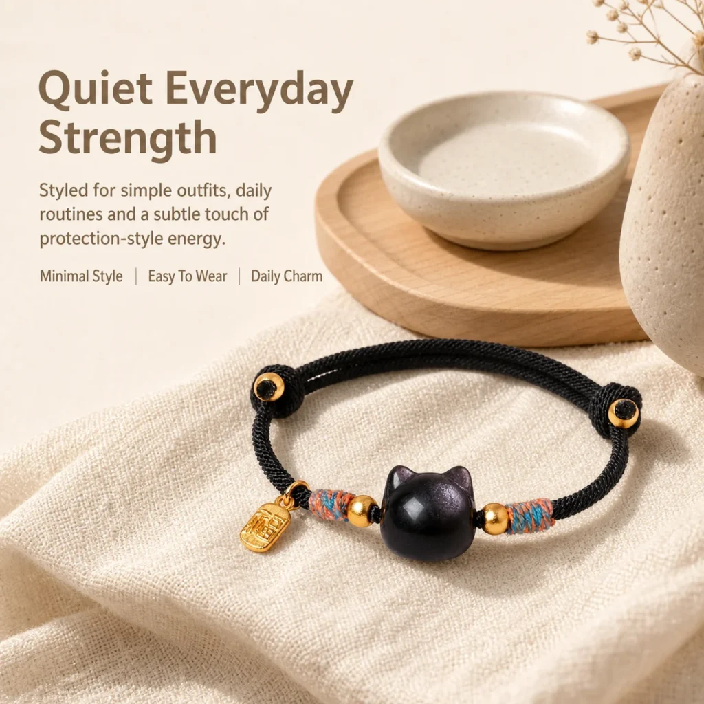 Silver Sheen Obsidian Lucky Black String Bracelet 5 silver sheen obsidian lucky black string bracelet lifestyle still life image
