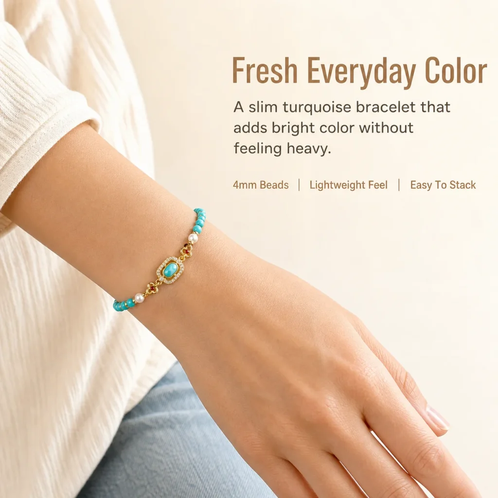 Turquoise Beaded Bracelet - 4mm Beads 2 turquoise beaded bracelet 4mm wearing view