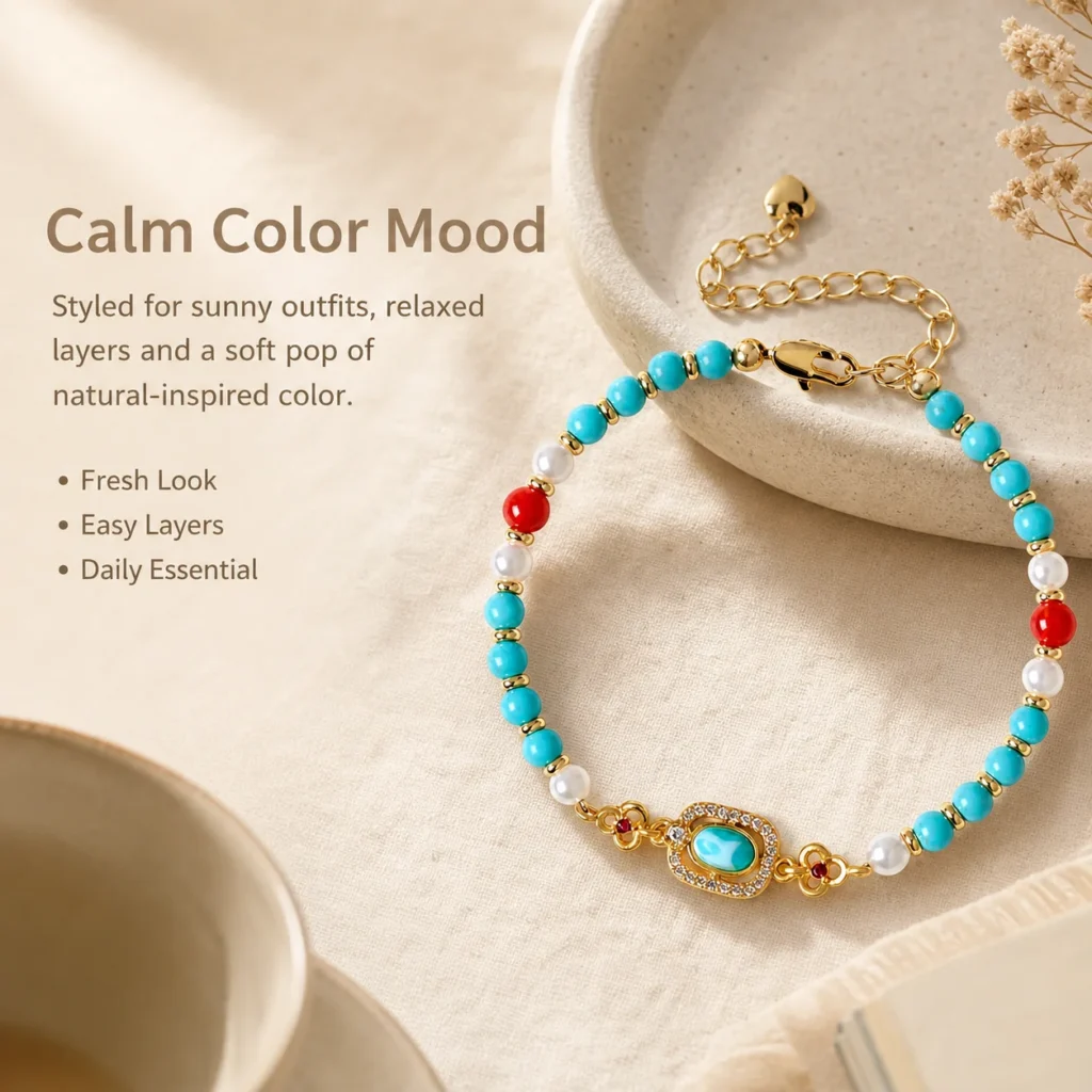 Turquoise Beaded Bracelet - 4mm Beads 5 turquoise beaded bracelet 4mm lifestyle still life image