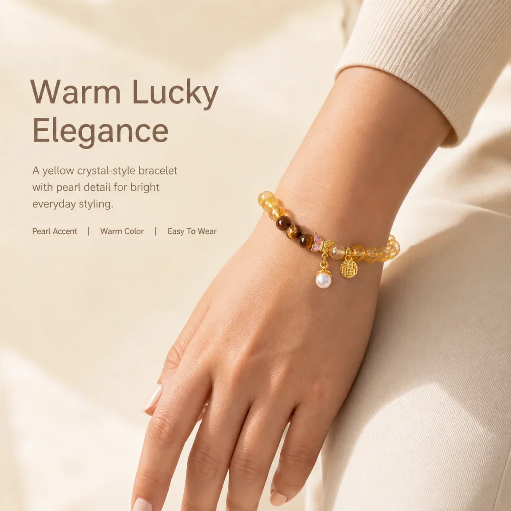 Yellow Tower Crystal Pearl Bracelet 2 yellow tower crystal pearl bracelet wearing view